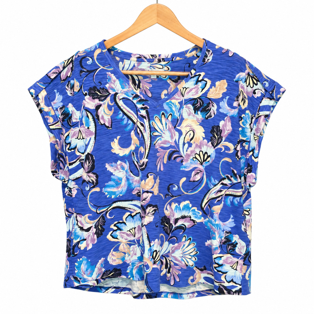 Chicos Top Womens Plus Size XXL Blue Floral Print Cotton Modal Blend V-Neck